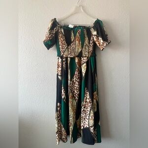 Glamaker, Womens Green Multi Print Leopard Paisley  Top & Skirt Set, Size L NWT